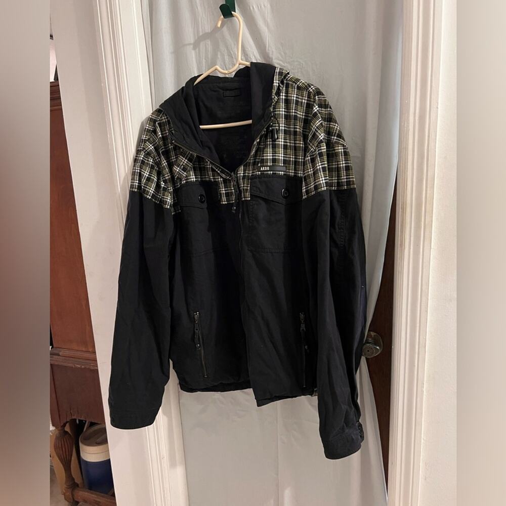 Akoo black and plaid reversible tracking jacket hooded full zip size 3xl